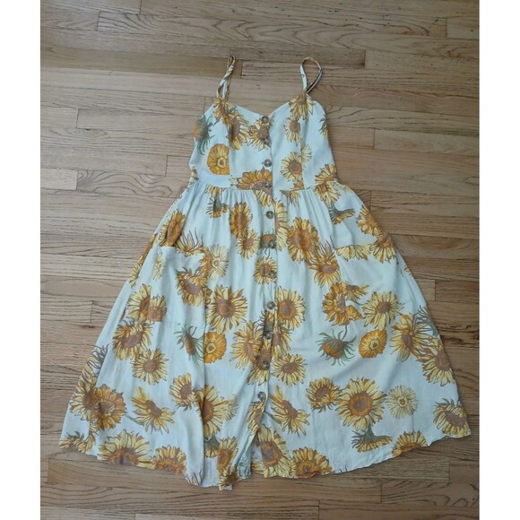 Urban Outfitters Cooperative Linen Blend Womens Sunflower Sundress Large Pockets - Picture 8 of 14